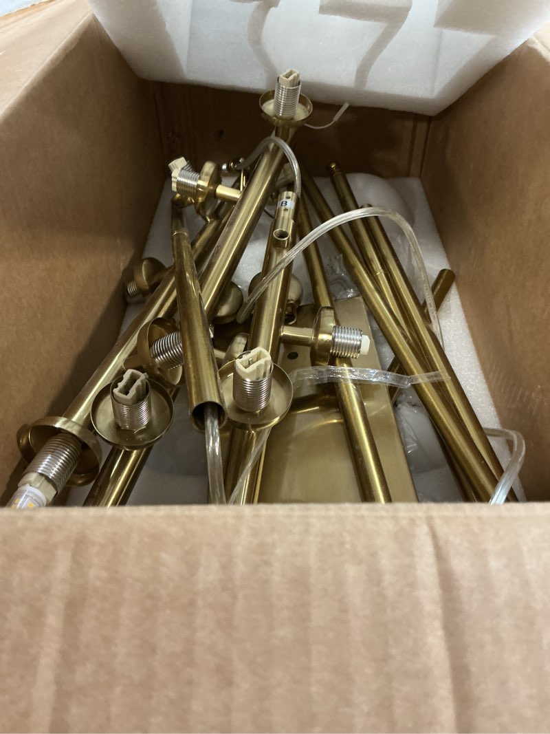 Condition photo showing As Is for Mid Century Modern Chandelier 55in Linear Chandeliers 16-Light Brass Gold Pendant Lighting Fixture for Dining Room, Kitchen Island Gold+White 55in