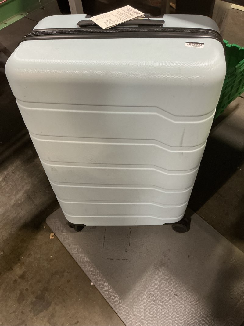Condition photo showing As Is for hardside large checked suitcase muddy aqua - open story™