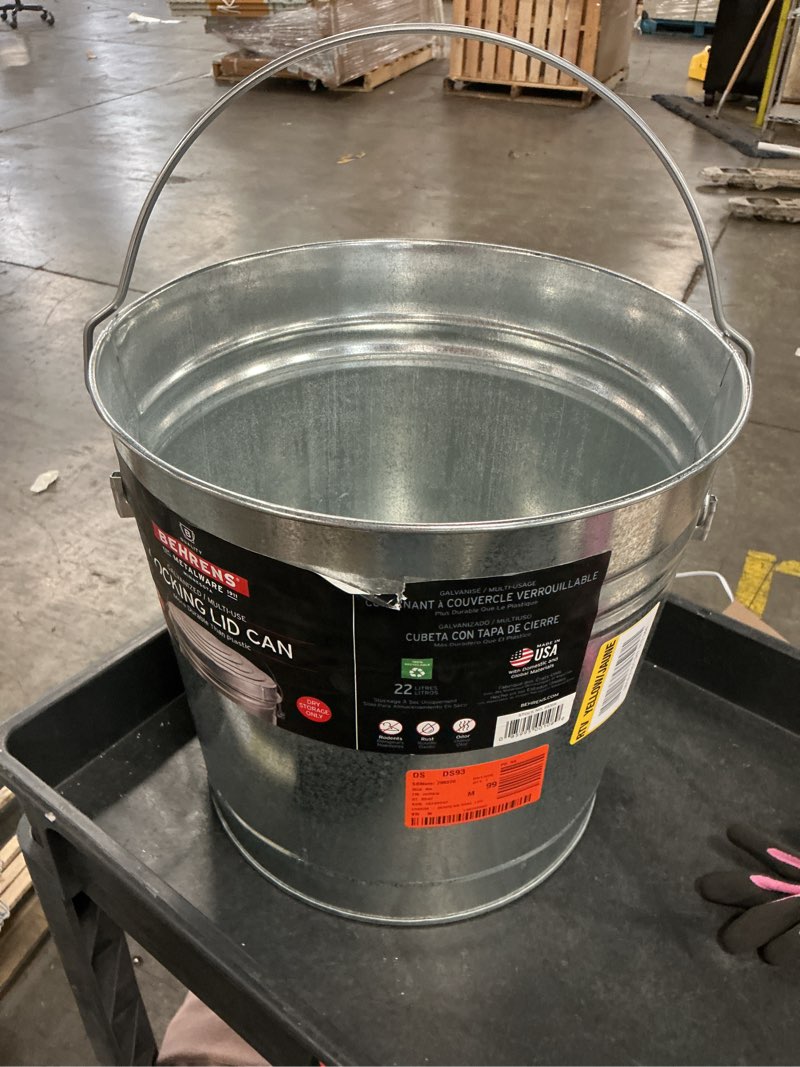 Condition photo showing As Is for behrens galvanized steel locking lid storage can, 6-gallon