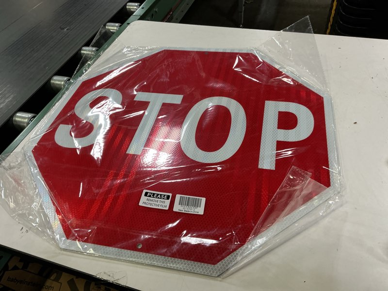 Condition photo showing Good Condition for (2 Pack) Large Stop Sign, 24 x 24 Inches Street Road Sign. Engineer Grade Rust Free Reflective Aluminum, UV Protected, Fade Resistant, Waterproof, 2 Pre-drilled Holes, Easy to Mount 24"x24"