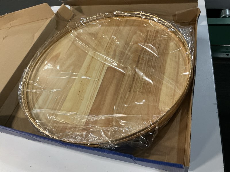 Condition photo showing Good Condition for 18 inch rustic lazy susan turntable – solid oak & iron wood rotating tray for dining table, kitchen counter, coffee table – farmhouse style large wooden lazy susan organizer for home décor natural oak 18 inches