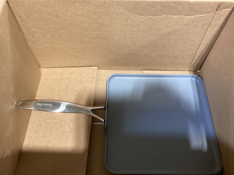 Condition photo showing As Is for greenpan valencia pro hard anodized healthy ceramic nonstick 11" griddle pan, pfas-free, induction, dishwasher safe, oven safe, gray 11" griddle pan gray