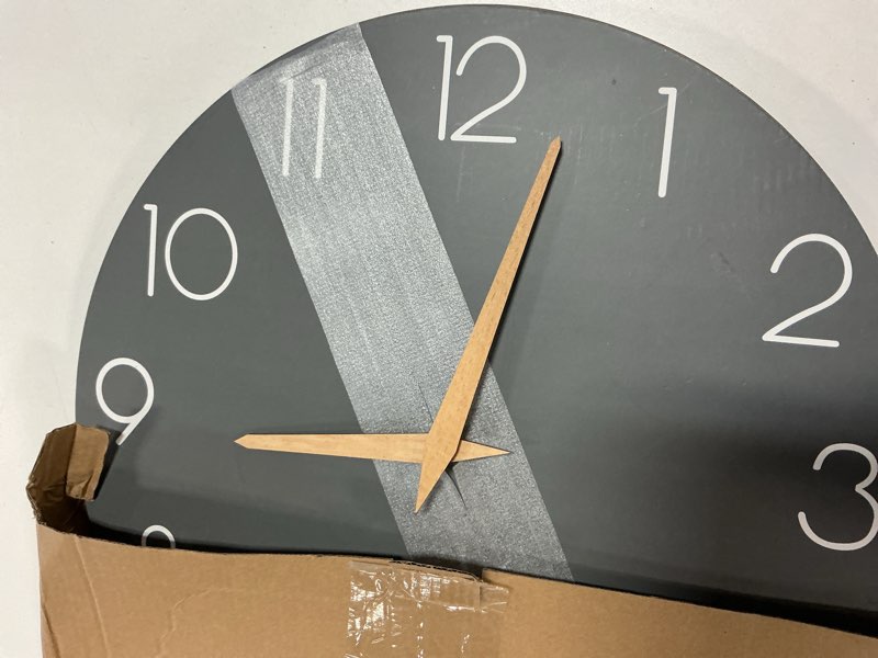 Condition photo showing As Is for wall clock, 16 inch wooden battery operated wall clocks silent non-ticking, decorative gray clock for living room, bedroom, kitchen, home, office, school, hotel a_gray 16"