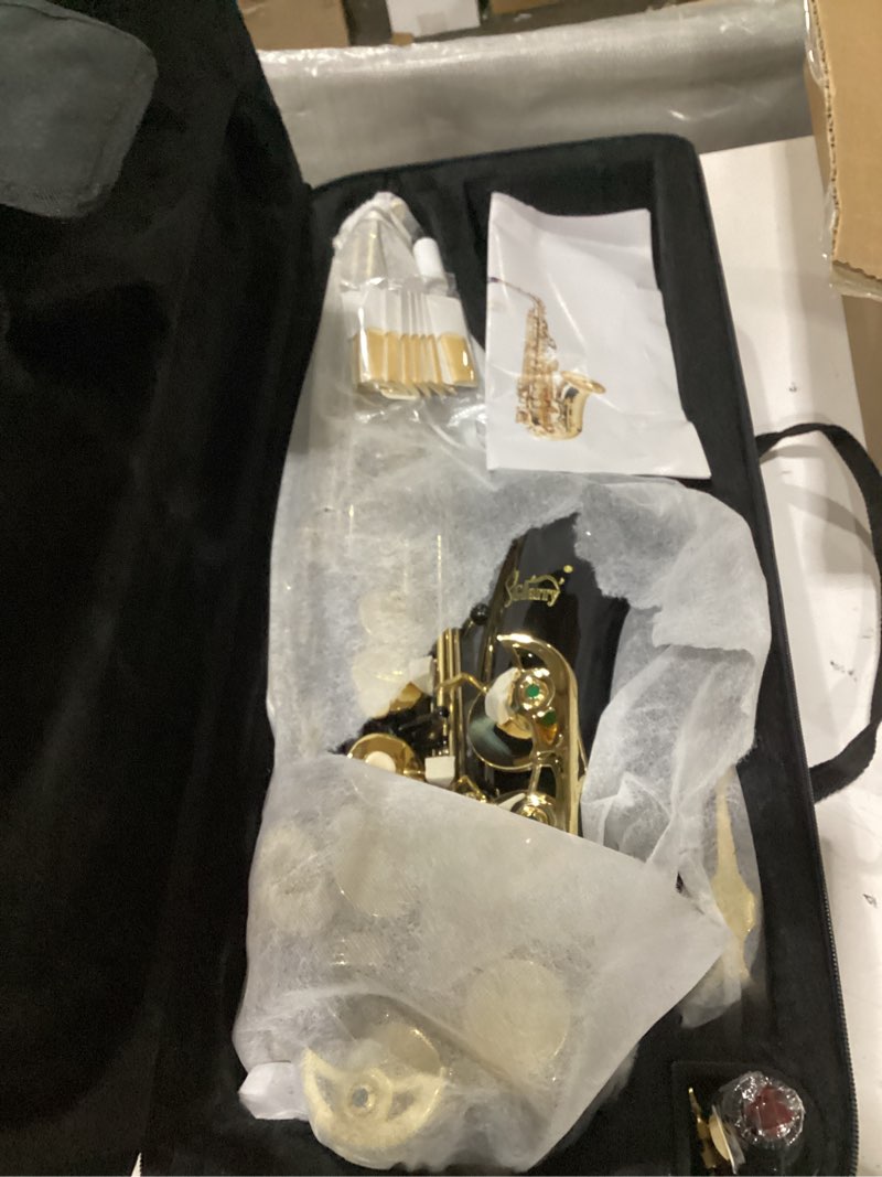 Condition photo showing New/Like New for glarry student alto eb e-flat sax saxophone gold lacquer sax beginners kit with case, reeds?mouth piece, soft cleaning cloth and rod?gloves (black) black-standard