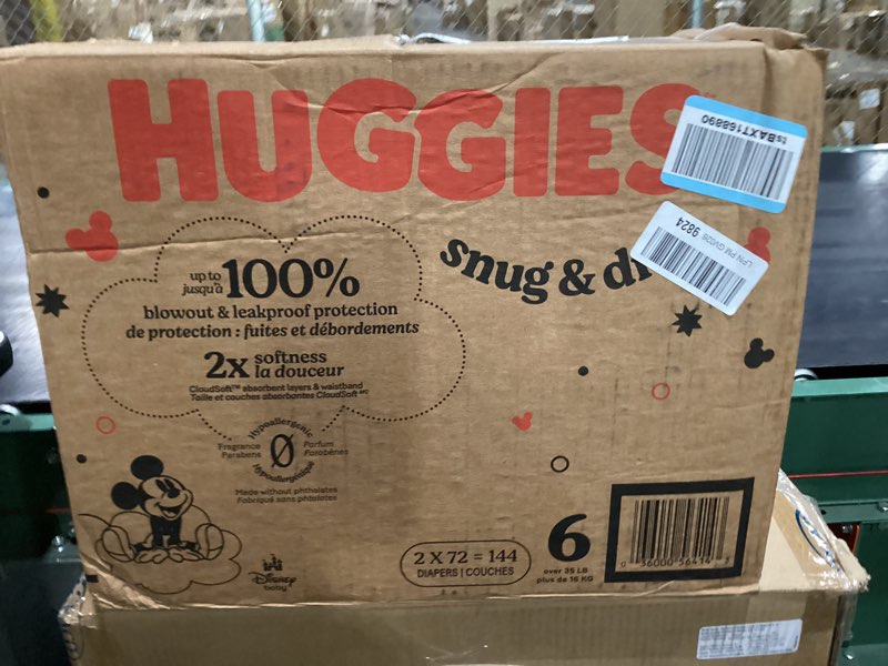 Condition photo showing New/Like New for huggies size 6 diapers, snug & dry baby diapers, size 6 (35+ lbs), 144 count (2 packs of 72), packaging may vary size 6 144