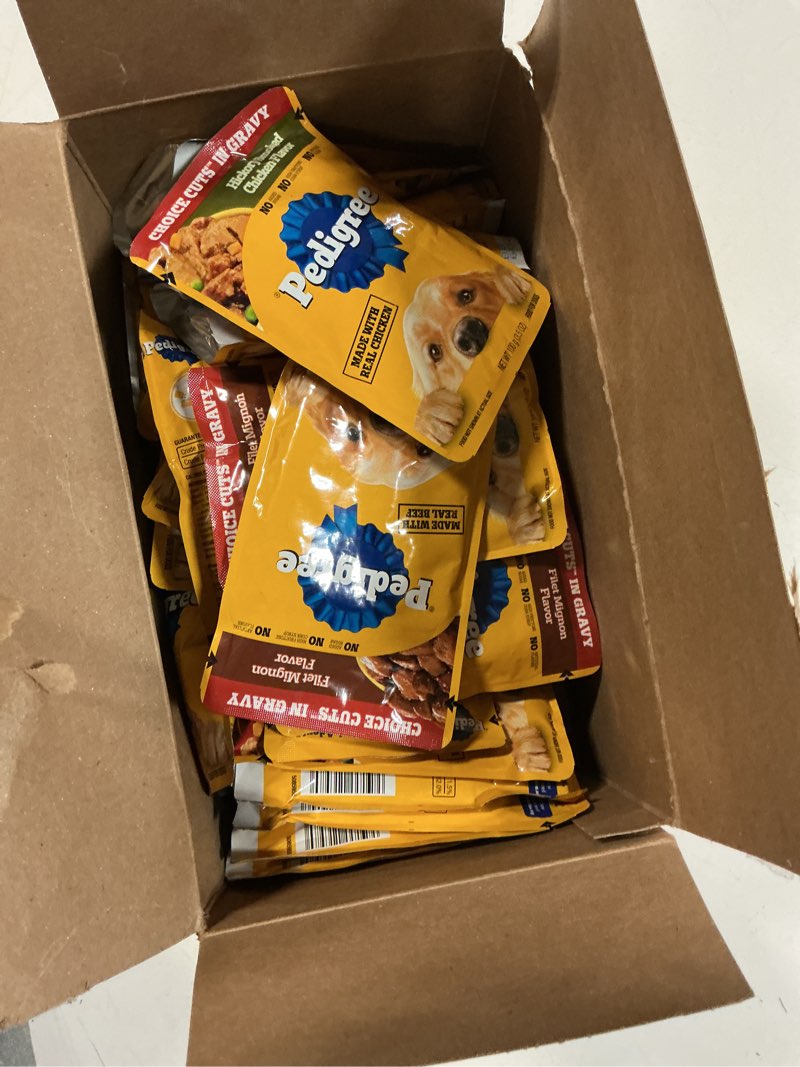 Condition photo showing New/Like New for 12/27pedigree choice cuts in gravy wet dog food, adult soft wet dog food, variety pack, 3.5 oz. pouches, 30 count variety: beef, chicken & filet mignon 30 count (pack of 1)