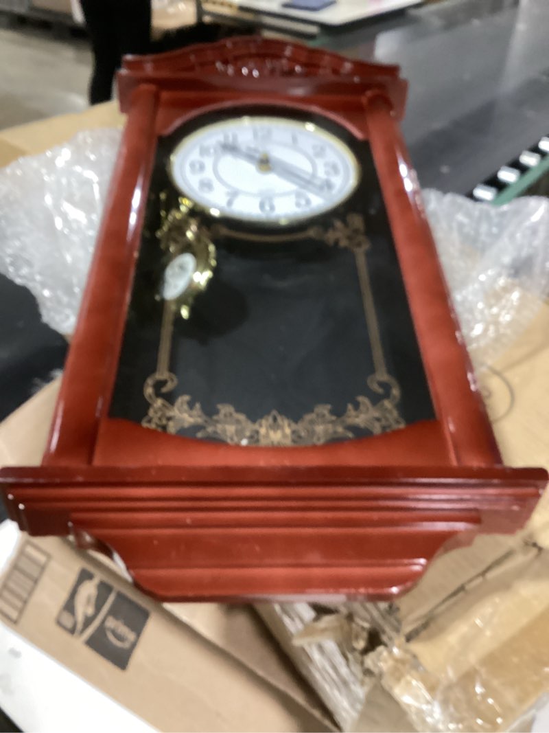 Condition photo showing Good Condition for Clockswise Large Vintage Grandfather Wood- Looking Plastic Pendulum Wall Clock for Living Room, Kitchen, or Dining Room, Large Brown 23.7 Inch Height Brown