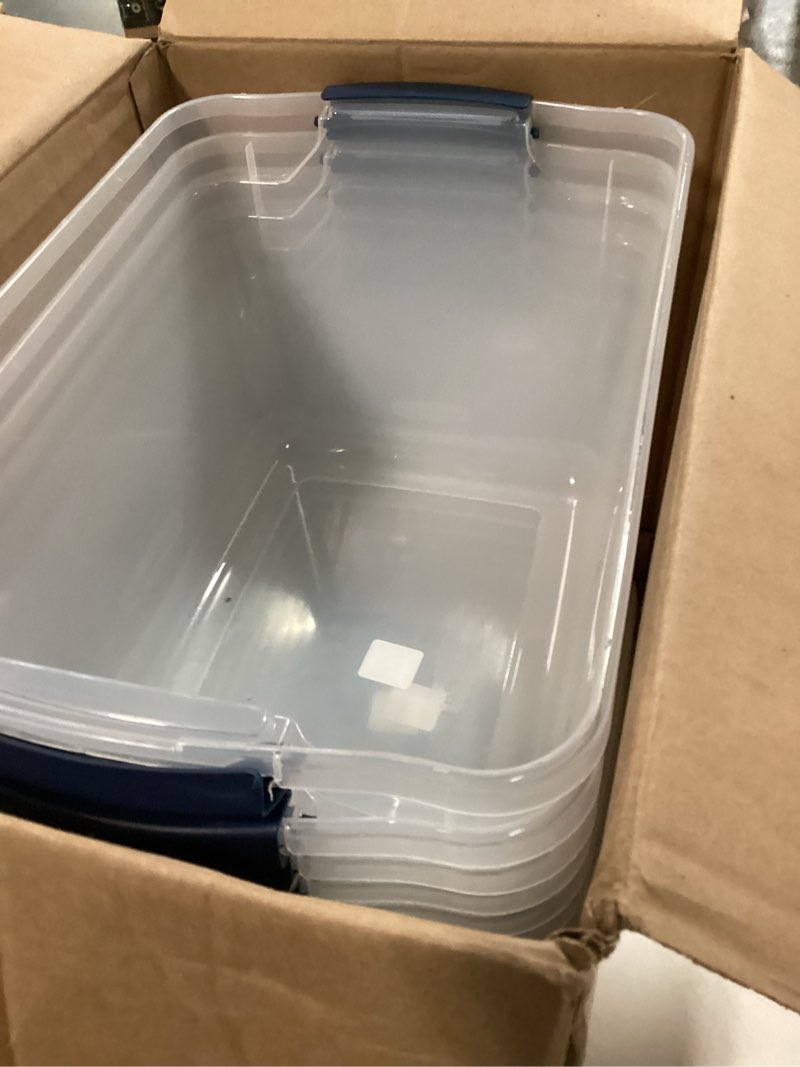 Condition photo showing As Is for Rubbermaid Cleverstore Clear 32 Qt, 6 Pack Stackable Plastic Storage Bins with Lids, Great for Closet and Laundry Storage, Organizing in the Home 32 Qt – 6 Pack