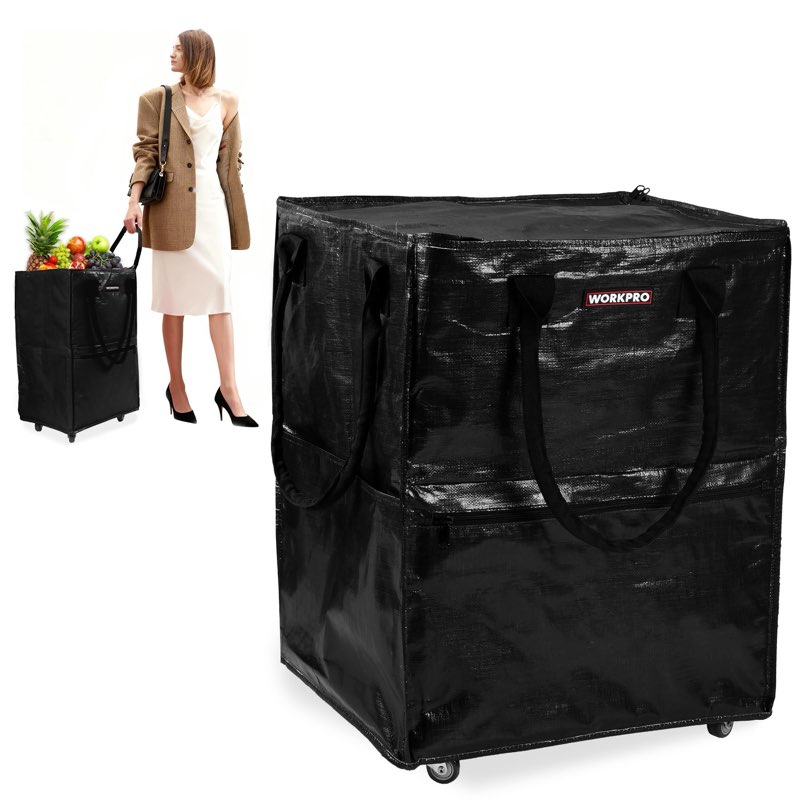 workpro - medium reusable grocery bag with wheels, heavy duty rolling shopping bag with handle, foldable trolley with 4 swivel wheels for groceries, laundry, camping