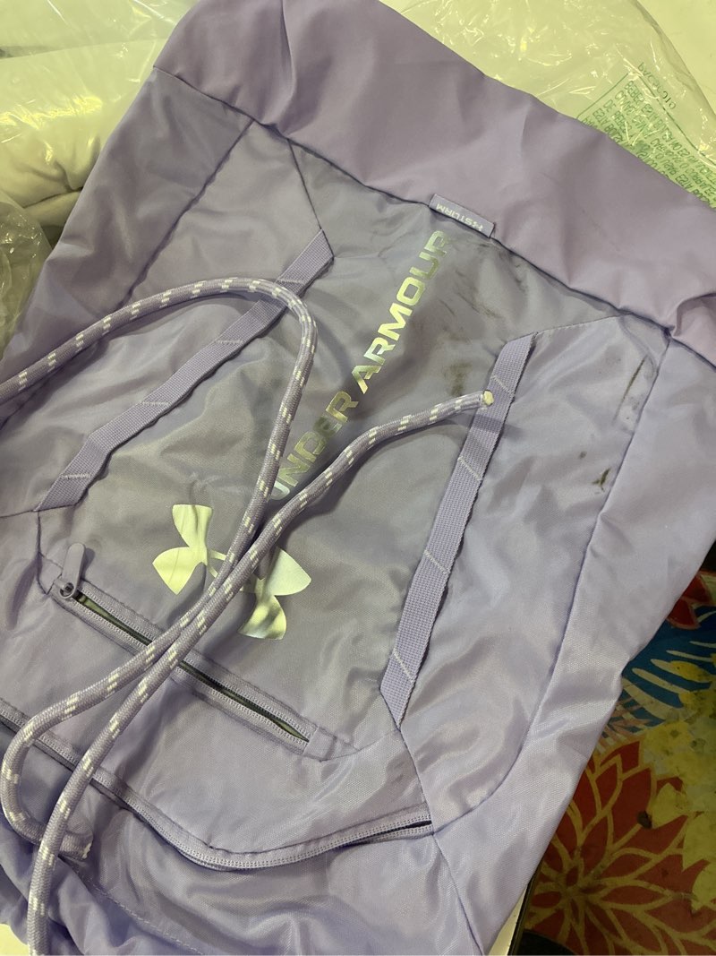 Condition photo showing As Is for under armour unisex hustle sackpack, (538) purple/metallic silver, one size fits most one size fits most (538) purple/metallic silver