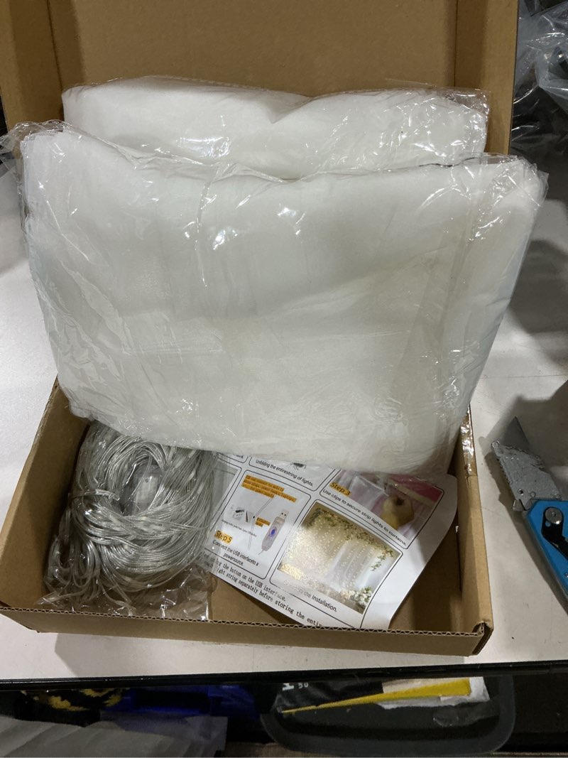 Condition photo showing Good Condition for fomcet ivory tulle backdrop curtains with lights string 10ft x 10ft sheer curtain with lights tulle curtains backdrop for wedding birthday party photo shoot (2 panels 5x10ft) 10ft x 10ft(2 panels 5ft x 10ft) ivory