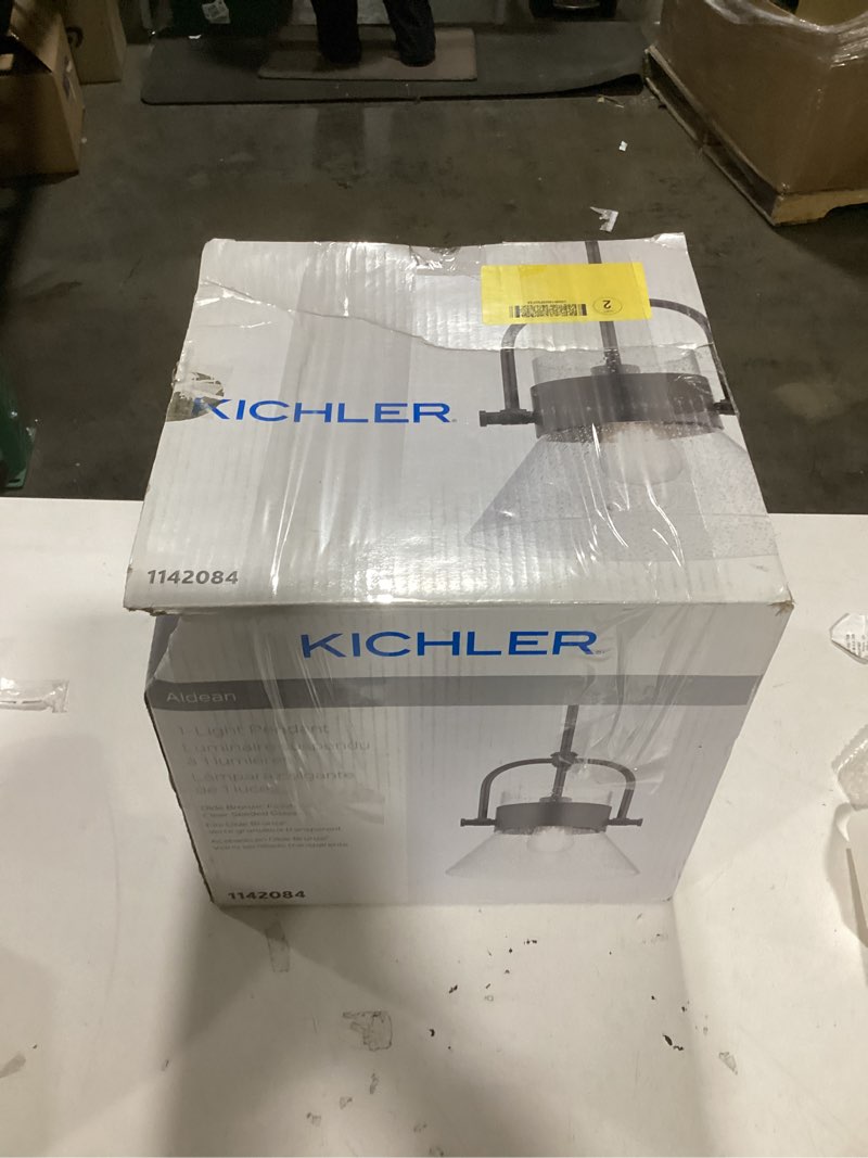 Condition photo showing As Is for Kichler Aldean 1 -Light Olde Bronze Farmhouse Seeded glass Cone Medium Hanging Pendant