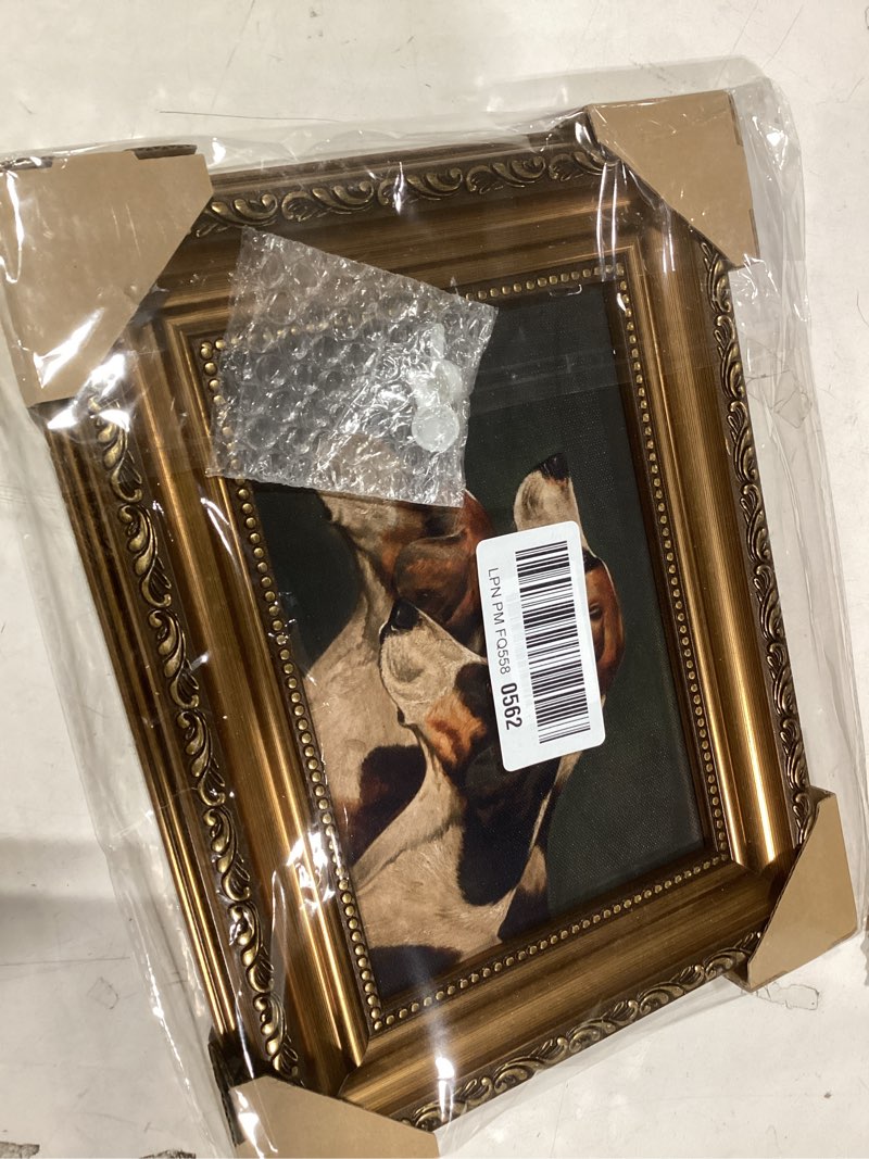 Condition photo showing New/Like New for Vodefoad Vintage Three English Foxhounds Gold Framed Animal Wall Art Retro Dog Oil Prints Painting Rustic Old Hunting Hound Picture Wall Decor for Bedroom Living Room, Gallery Winter Room Decor Holiday Decoration Gifts - 9x12inch Dog 20 12"L x 9"W