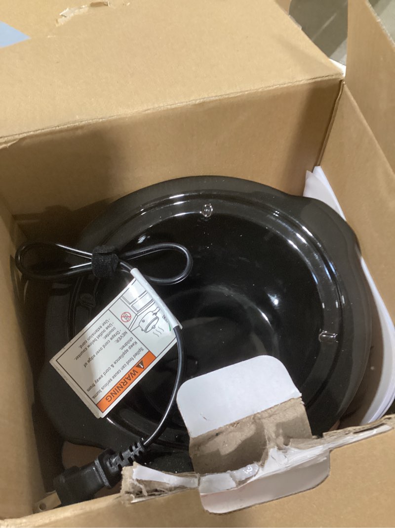 Condition photo showing As Is for bella 1.5 qt slow cooker with 3 heat manual control, ceramic nonstick coating, dishwasher safe stoneware pot and tempered glass lid, tangle free cord wrap & cool touch handles, blossom