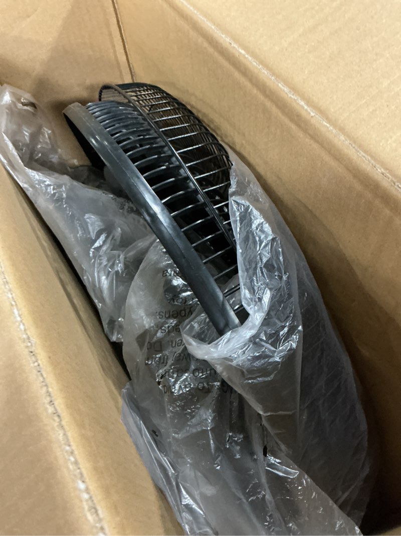 Condition photo showing New/Like New for ez-chill 16” oscillating pedestal fan, 3-speed options, 90-degree oscillating head, adjustable height and tilt, powerful air flow, black, mtfs-16b-blk