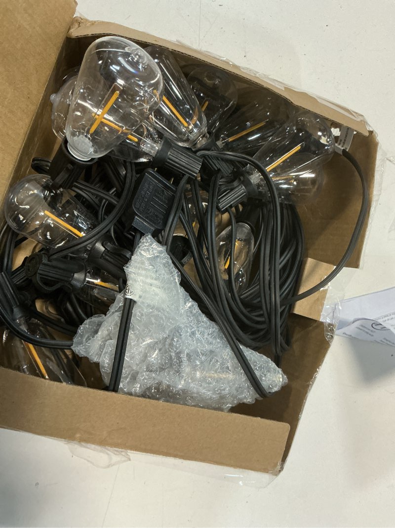 Condition photo showing Good Condition for patio string lights plug in 50ft led outdoor string lights with ip65 waterproof 27 bulbs, connectable dimmable edison st38 outside lights for garden, yard, porch, backyard, deck, home decor