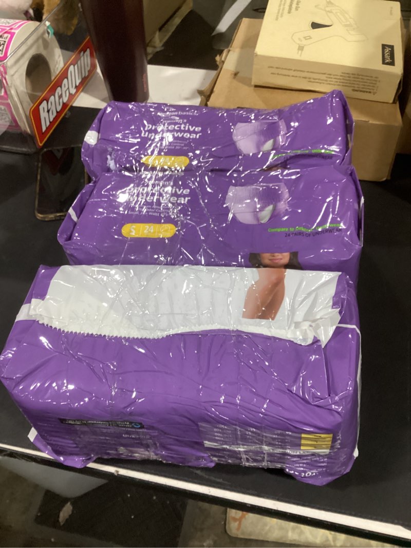 Condition photo showing New/Like New for Amazon Basics Incontinence Underwear for Women, Protective, Disposable, Postpartum, Maximum Absorbency, Small, Lavender, 72 Count (3 Packs of 24) Small 72.0
