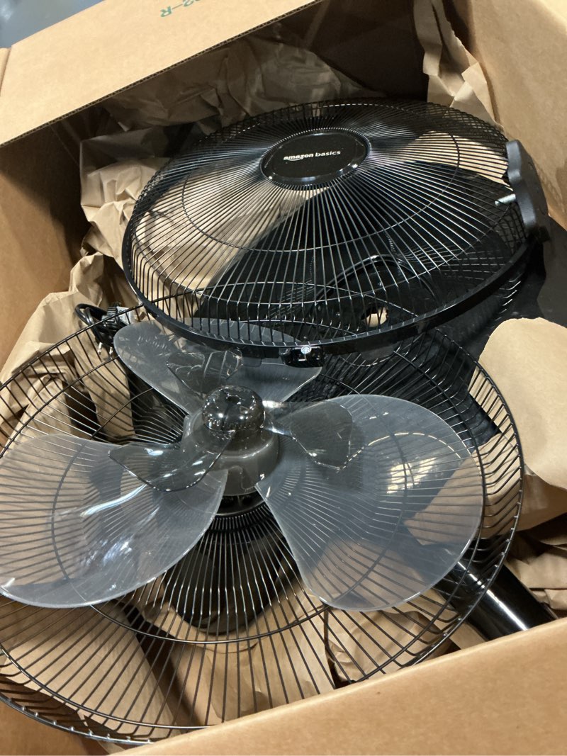 Condition photo showing As Is for amazon basics 16" pedestal fan with remote, floor fan, standing fan for bedroom, living room, office, with 3 speeds, 3 modes, timer, dual-layered blades, adjustable height, tilt head, 60w, black 3-speed, ac motor