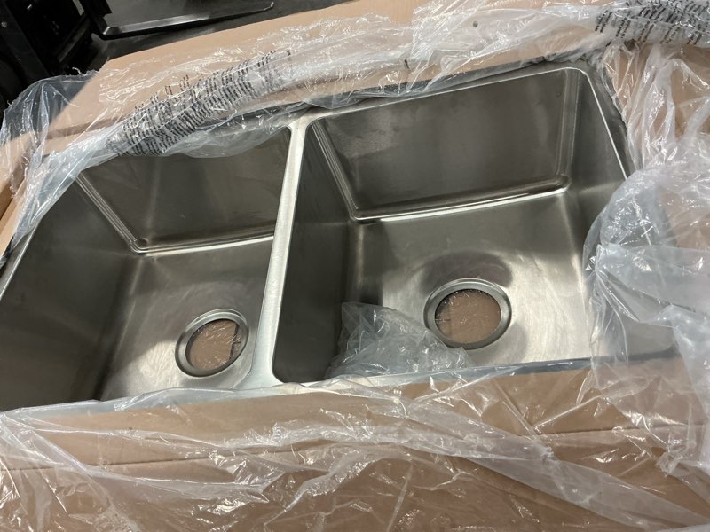 Condition photo showing As Is for project source preston undermount 32-in x 19-in stainless steel double equal bowl 18 -gauge kitchen sink