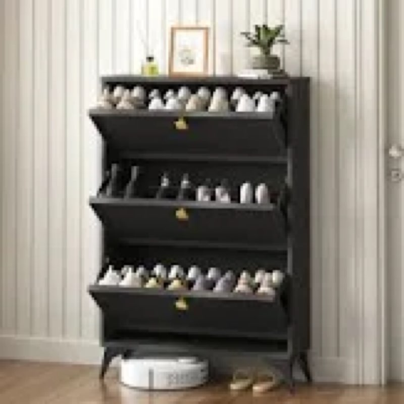 Modern Black 24-Pair Triple Flip-Drawer Shoe Cabinet With Adjustable Shelves