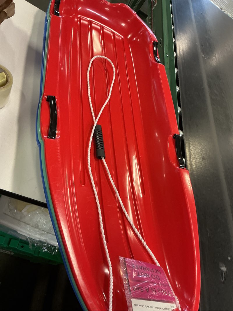 Condition photo showing New/Like New for Toboggan Snow Sled for Adults, 48in Plastic Sleds with Pull Rope and 4 Handles, Outdoor Plastic Snow Sled for Kids and Adults Blue/Green/Red