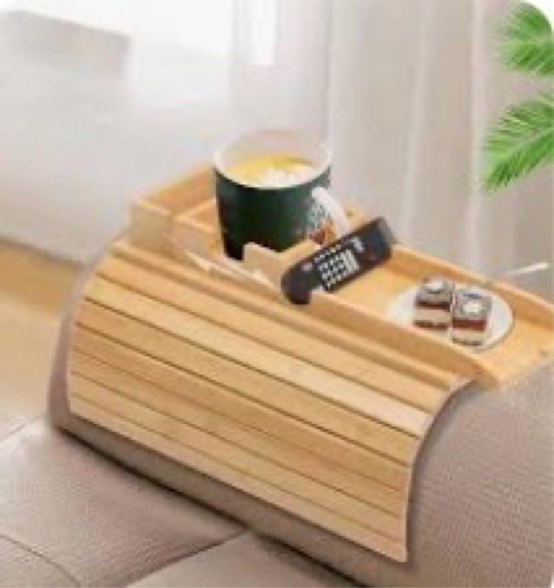 LemonRoad Bamboo Sofa Armrest Tray Couch Arm Tray with Cup Holder Foldable & Anti-Slip Base Couch Organizer for Drinks, Phone, Remote Control, Snacks, Fits Most Couches, 16.3 x 13.6 x 2 Inches