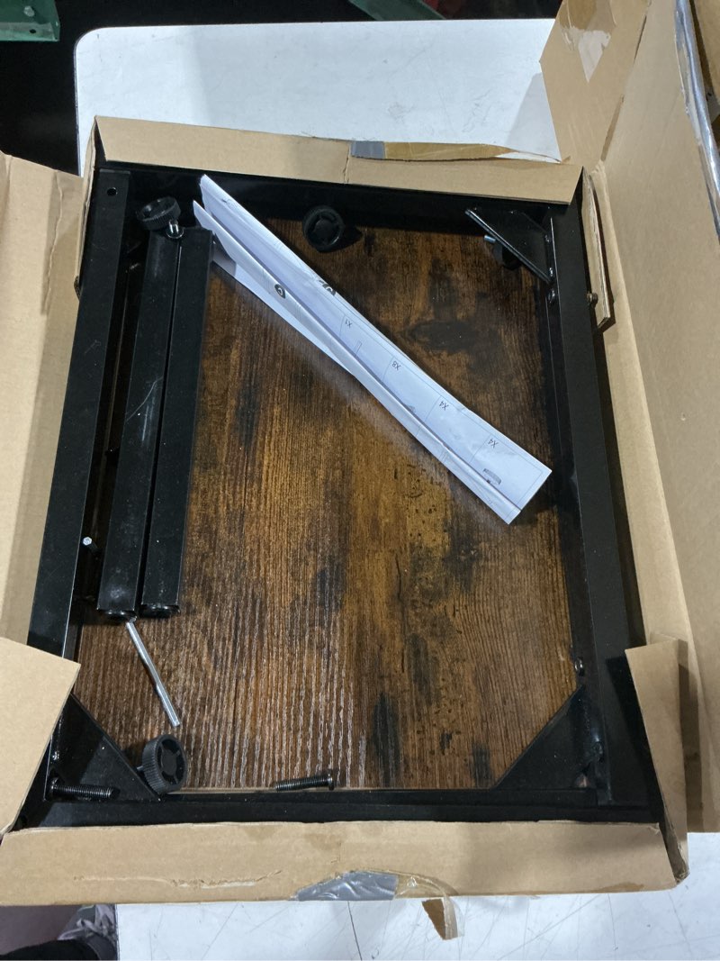 Condition photo showing As Is for simple trending c shaped end table, tv tray for couch, small side table with metal frame, for living room bedroom, rustic brown long table top single set
