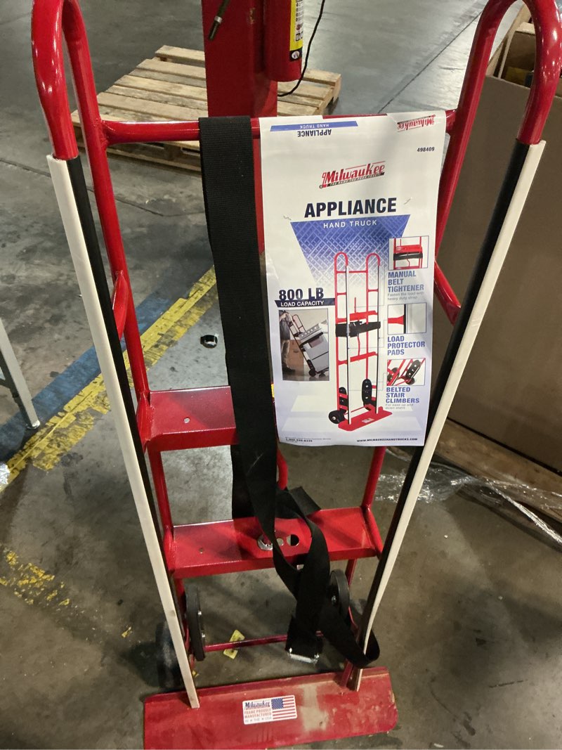 Condition photo showing As Is for milwaukee 800-lb capacity 2-wheel red steel appliance hand truck