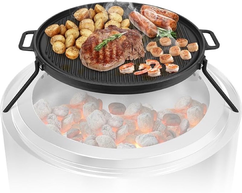 onlyfire cast iron griddle, grill cookware for solo stove bonfire 19.5" fire pit and yukon fire pit, portable round iron pan with 3 removable legs for outdoor bbq cooking & camping