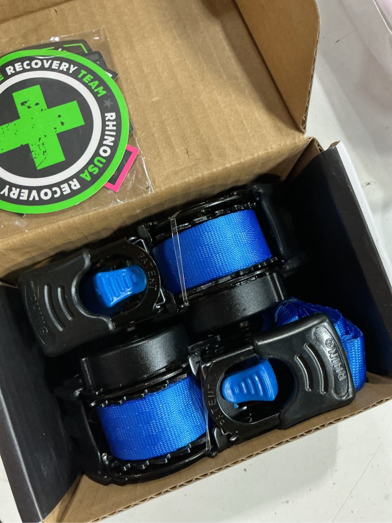 Condition photo showing New/Like New for rhino usa retractable ratchet straps (2-pack) - 1 inch x 10 feet (1,209lb break strength) - auto self retracting tie down straps for truck, cargo trailer, motorcycle, atv, utv - blue blue 2 pack