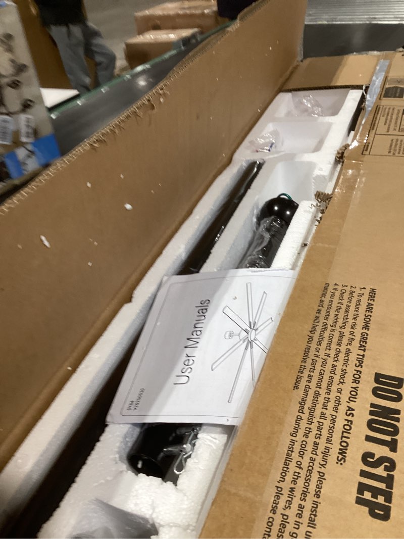 Condition photo showing New/Like New for 84" Industrial Ceiling Fans with Lights, Large Ceiling Fan with 3CCT, 8 Reverisble Aluminum Blades, Quiet DC Motor, 6-Speed Remote, Indoor/Outdoor Ceiling Fans for Patios/Garage/Porch, Black 84inch Black