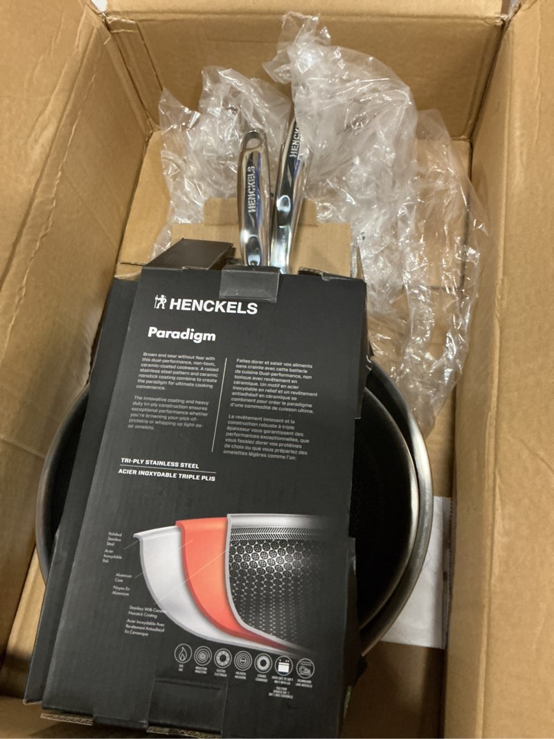 Condition photo showing Good Condition for henckels paradigm stainless 2pc fry pan set, tri-ply ceramic nonstick skillet, non toxic induction fry pan, egg pan, omelet pan, metal-utensil & dishwasher safe 2-pc fry pan set