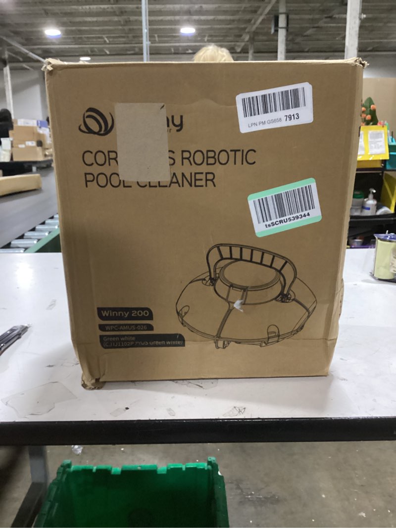 Condition photo showing As Is for winny pool cleaner cordless robotic pool cleaner, automatic pool vacuum for above ground with 80 mins, double filters, portable, self-parking, ideal for pools up to 650 sq.ft (gloss black)
