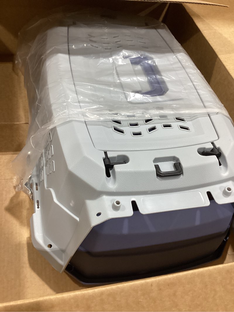 Condition photo showing As Is for amazon basics sturdy portable 2-door top-load hard-sided pet travel carrier with secure ventilation, handle, front & top entry for dogs, cats, 22.8"l x 15"w x 13"h, gray & blue gray & blue 22.8"l x 15.0"w x 13.0"h