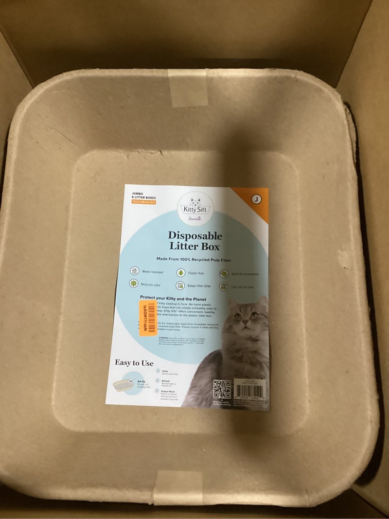 Condition photo showing item condition for Kitty Sift Disposable Cat Litter Box Jumbo, 6 Count, Durable and Portable for Travel and Home, Eco-Friendly Disposable Litter Box Controls Odor Litter Box Only Jumbo (6-Piece Set)