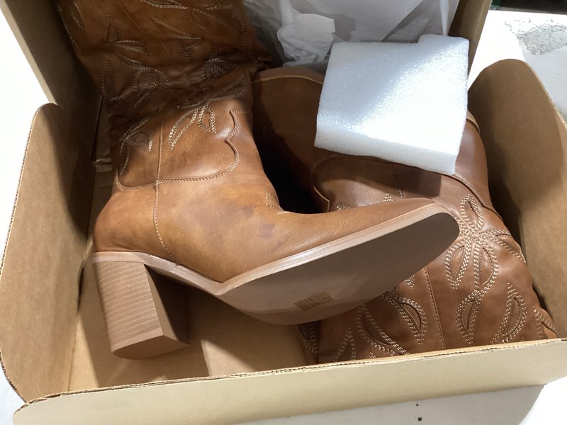Condition photo showing Good Condition for isnom knee high cowboy cowgirl boots for women, western boots with pull on tab, chunky heel design, unique and stylish 6 knee matte brown