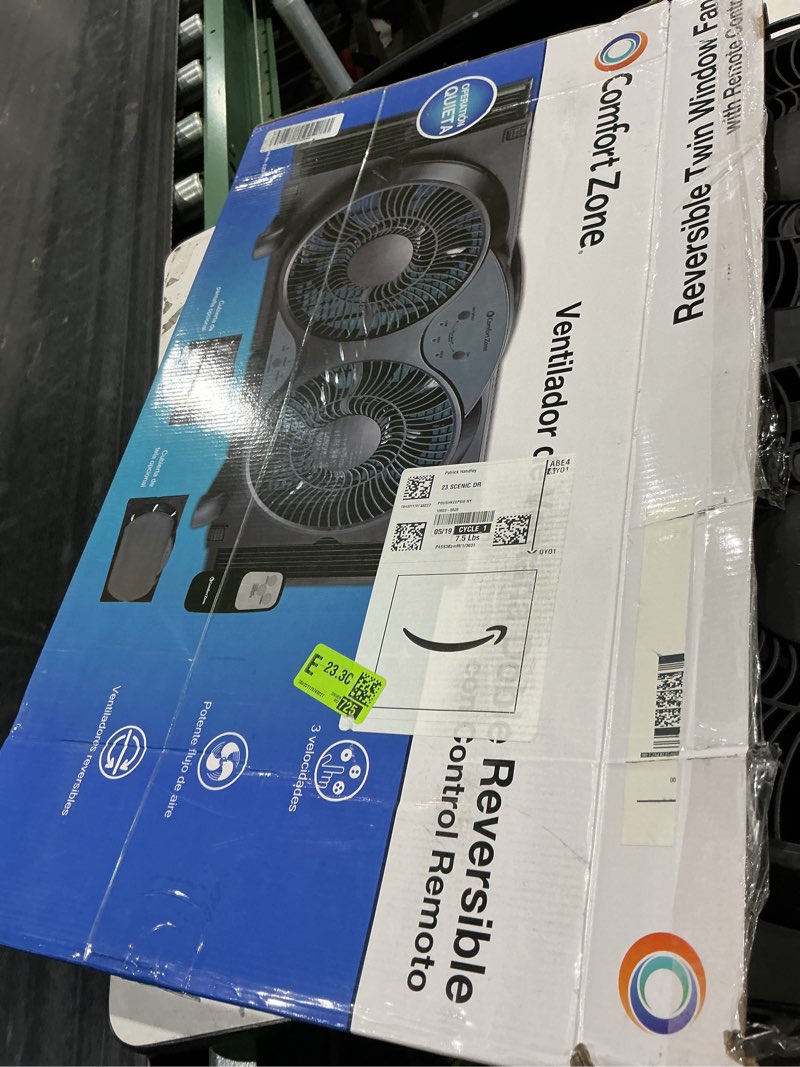 Condition photo showing Good Condition for comfort zone 9-inch reversible twin window fan with remote control – 3-speed dual blade fan with exhaust, cooling & circulate modes, expandable width 23.5" to 37", removable bug screen & tabletop feet black 3-speed w/remote