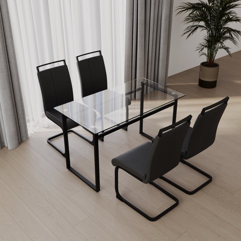 *similar to stock photo*table only*Glass Dining Table Set For 4, Dining Table & Chair Sets With Black Metal Legs For Kitchen, Modern Rectangle Tempered Glass Table Top And Pu Dining Armless Chair For Dining Room Black Glass