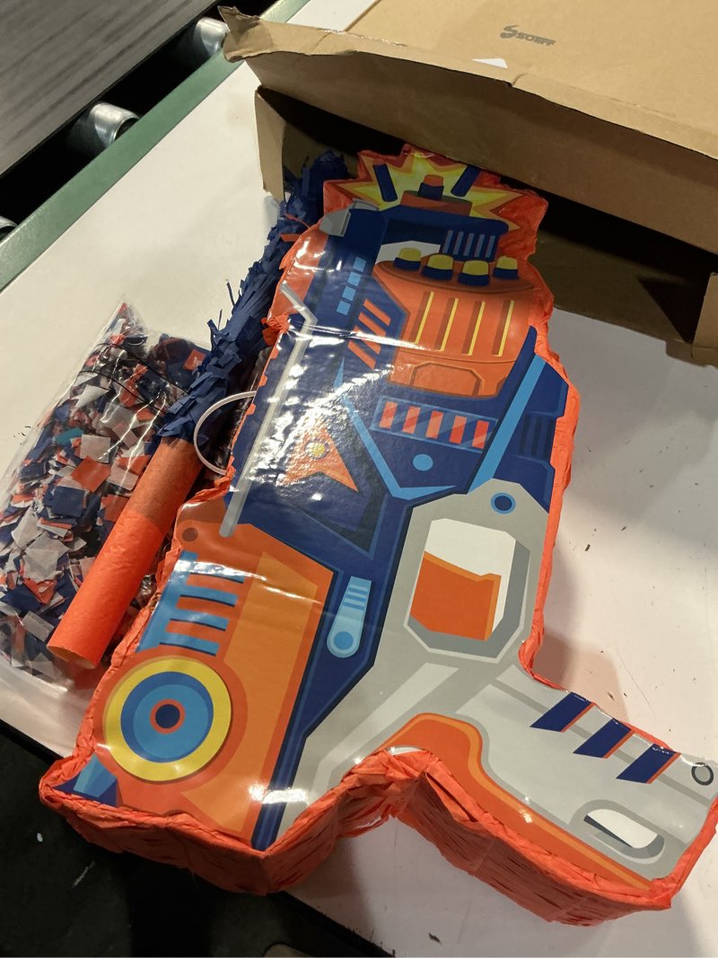 Condition photo showing Good Condition for toy gun piñata dart theme party supplies gun shape piñata with stick blindfold confetti pack dart piñata for boys girls birthday party game favors decor 17x10 inch