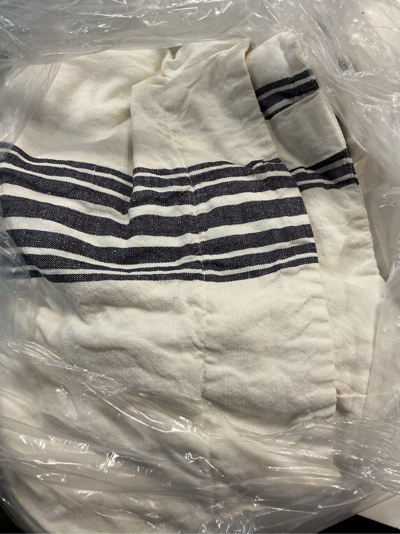 Condition photo showing As Is for coastal stripe linen cotton curtain, 48x96, ivory/navy