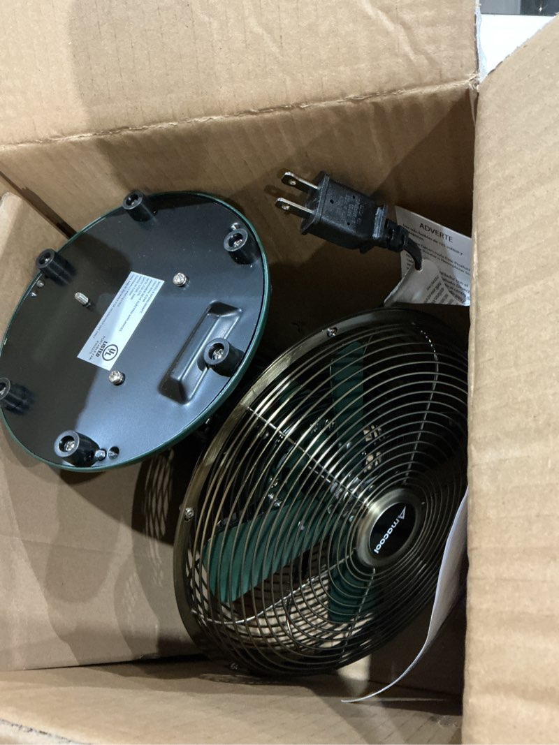 Condition photo showing As Is for amacool oscillating vintage fan, all metal retro table top fan, adjustable head tilt, quiet 3 speeds plug-in desk fan for bedroom home office & kitchen dark green