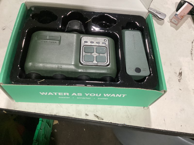 Condition photo showing As Is for wifi water timer 4 zone for garden hose, smart sprinkler timer with 984ft rf range, smart lawn watering system irrigation controller, app/voice control, rain delay, automatic/manual irrigation