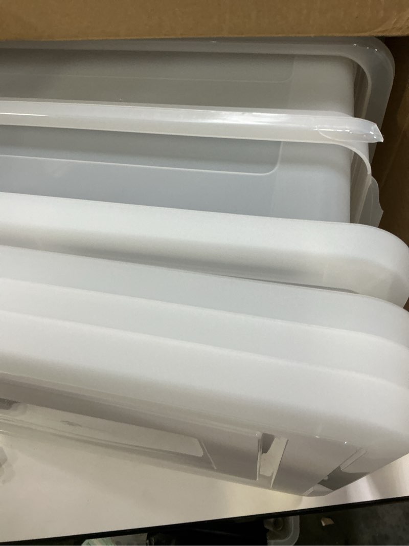 Condition photo showing As Is for IRIS USA File Box, Plastic File Organizer with Lids for Letter/Legal File, Portable Document Box For Moving, Storage Bin with Durable and Secure Lid, Stackable Nestable BPA-Free, Pearl 35 Qt. 4 Pack Pearl - 4 Pack