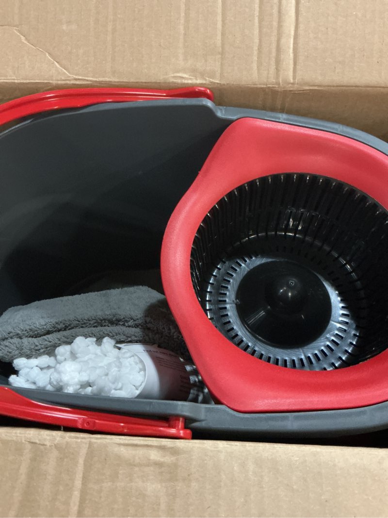 Condition photo showing As Is for o-cedar easywring microfiber spin mop, bucket floor cleaning system, red, gray, standard
