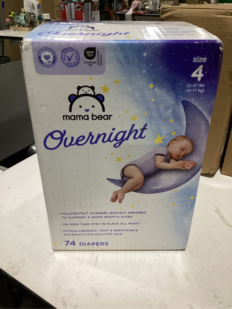 Condition photo showing New/Like New for Amazon Brand - Mama Bear Disposable Overnight Baby Diapers, Hypoallergenic, Night Time Protection, Size 4 (74 Count), White