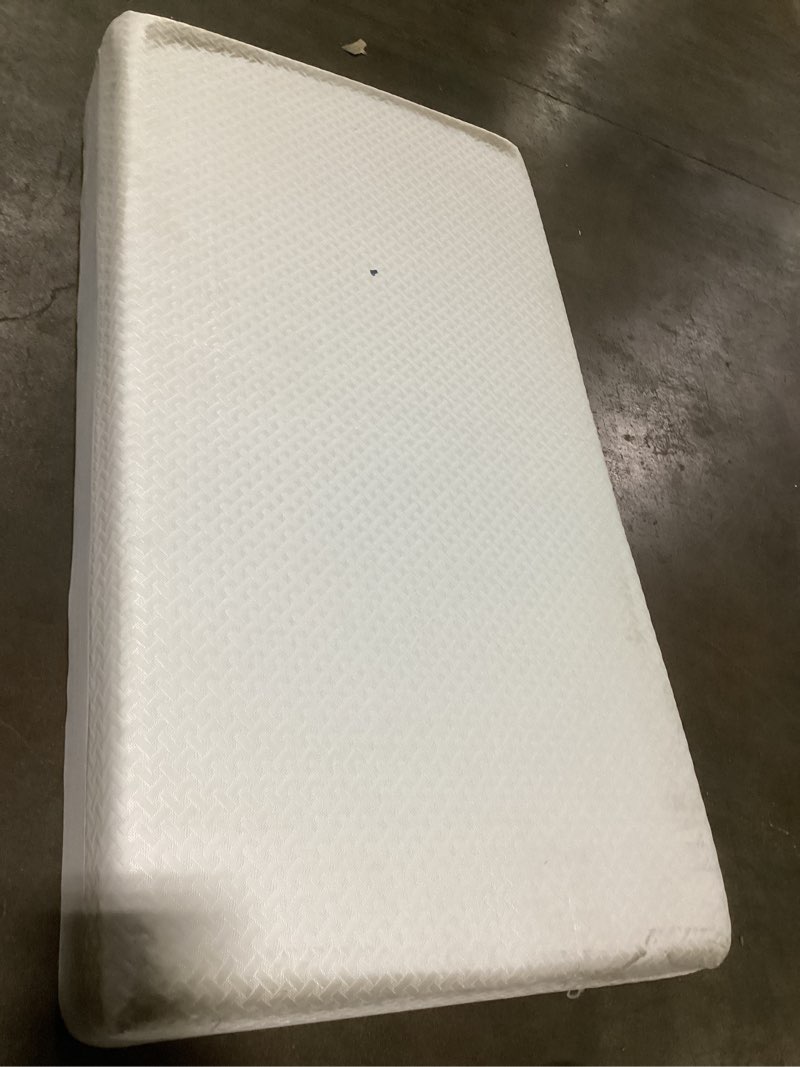 Condition photo showing As Is for zinus memory foam mattress [new version], fiberglass free, medium firm feel, zoned pressure relief, certified safe foams & fabric, mattress in a box