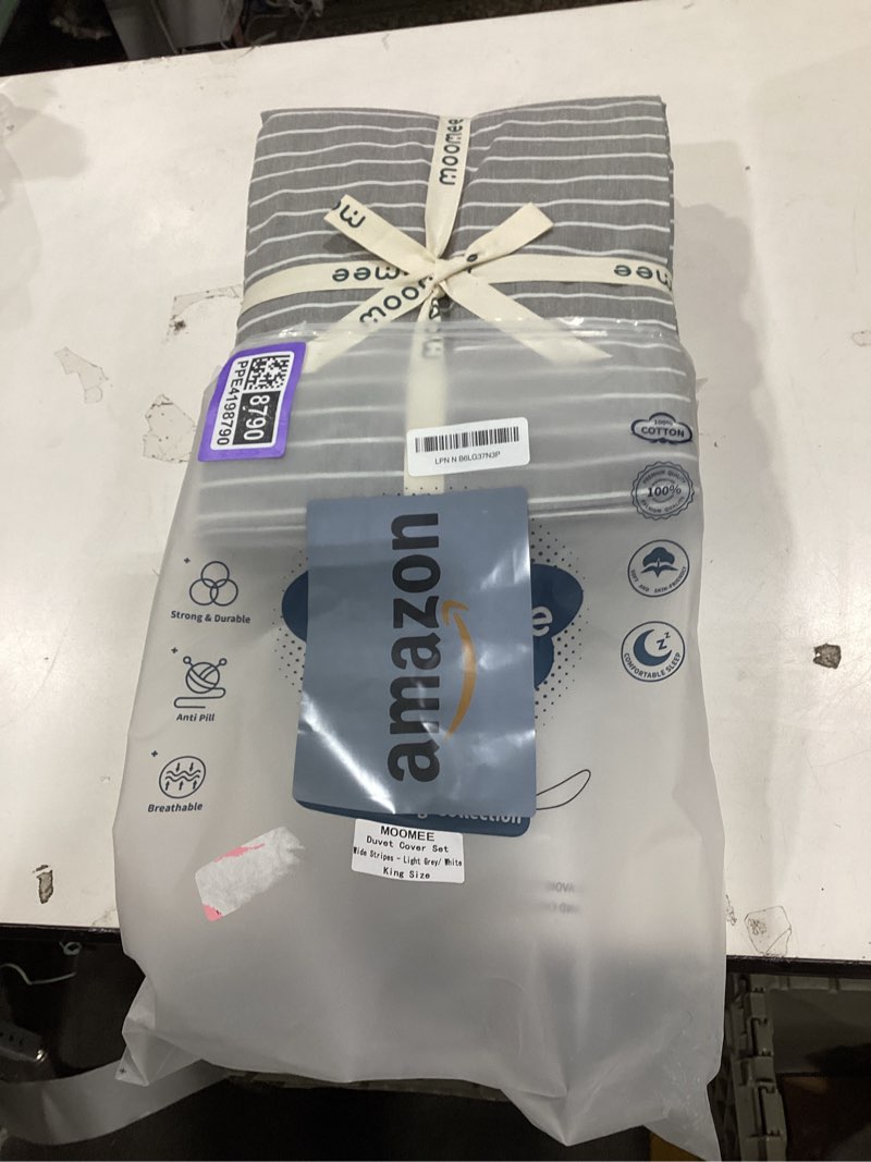 Condition photo showing New/Like New for moomee striped duvet cover set 100% washed cotton linen like textured breathable durable soft comfy (dark grey white wide stripes, queen 90"x90") wide stripes - dark grey/ white (no comforter) queen (90"x90")