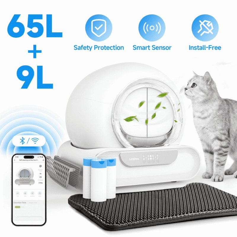 LeloPets D1 Self?Cleaning Cat Litter Box, App Control, Auto Safety Sensors, Odor Control, Large?Capacity Covered, for Multiple Cats, White