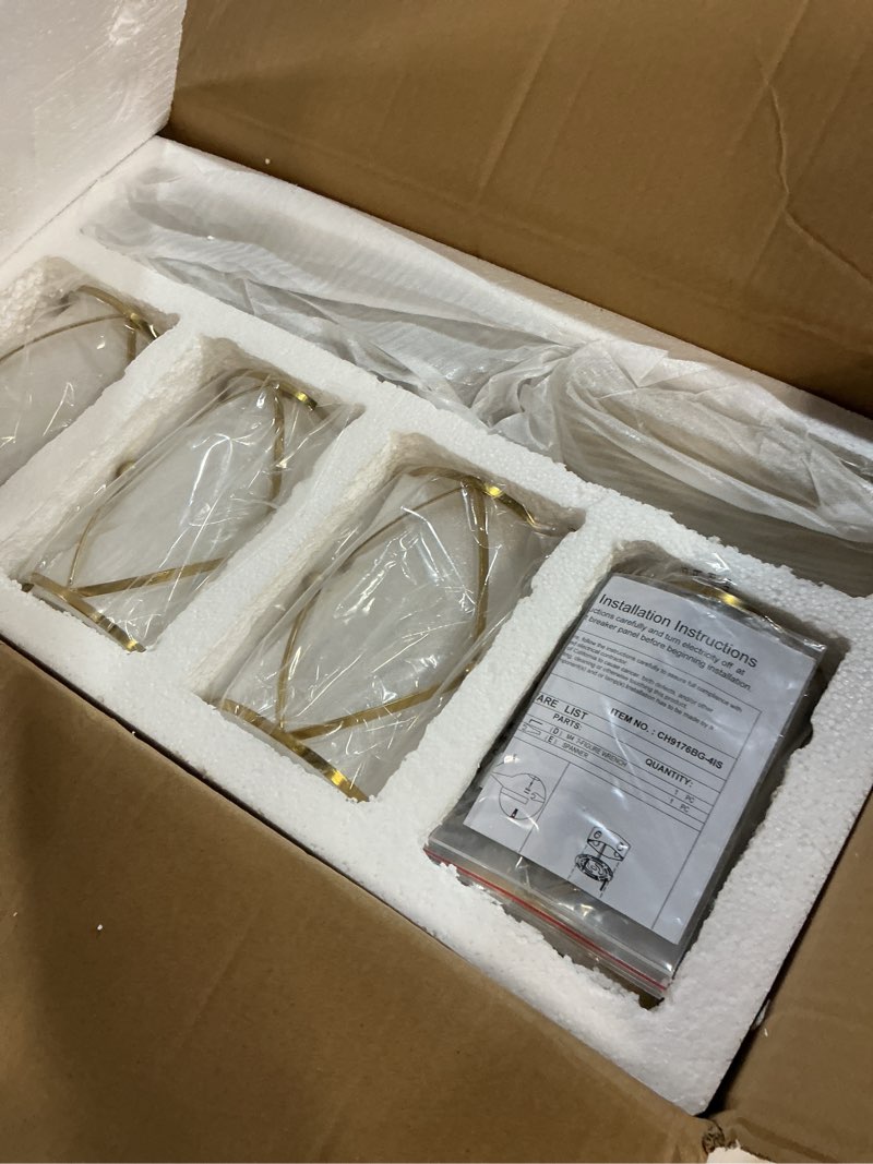 Condition photo showing New/Like New for 4-light kitchen island lighting, modern brushed gold dining room light fixtures with clear glass, farmhouse industrial linear chandelier pendant light with adjustable chain, ch9176bg-4is gold, clear glass 4-light, 1 pack