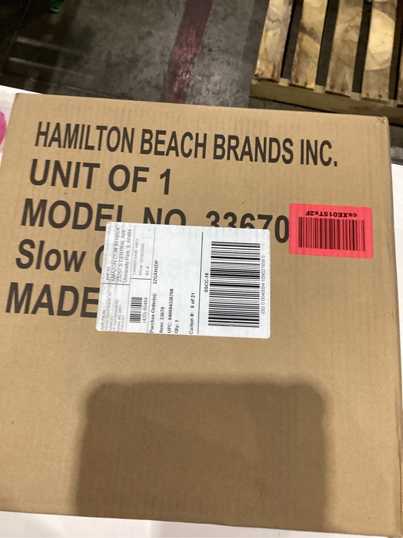Condition photo showing New/Like New for hamilton beach 7 quart set & forget portable programmable slow cooker, 15 cooking options with 5 time and 3 heat options, large dishwasher safe stoneware crock and glass, lid latch, black (33670) 7 quarts, 15 cooking options, lid latch, black